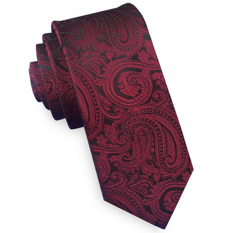 Burgundy and Black Paisley Mens Skinny Tie