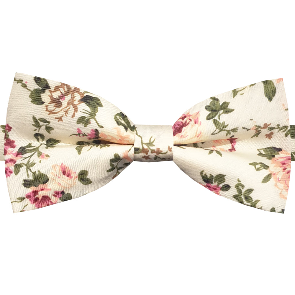 Ivory with Green & Red Floral Pattern Bow Tie