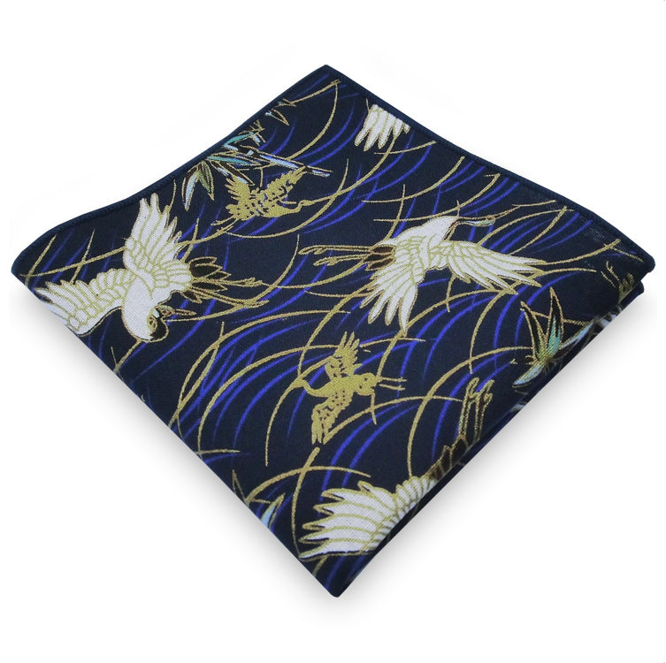 Black with Blue, White & Gold Herons Pocket Square