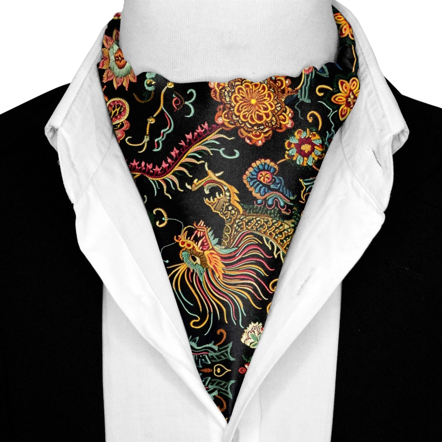 Genuine Silk Black with Gold Traditional Chinese Dragon Ascot Cravat
