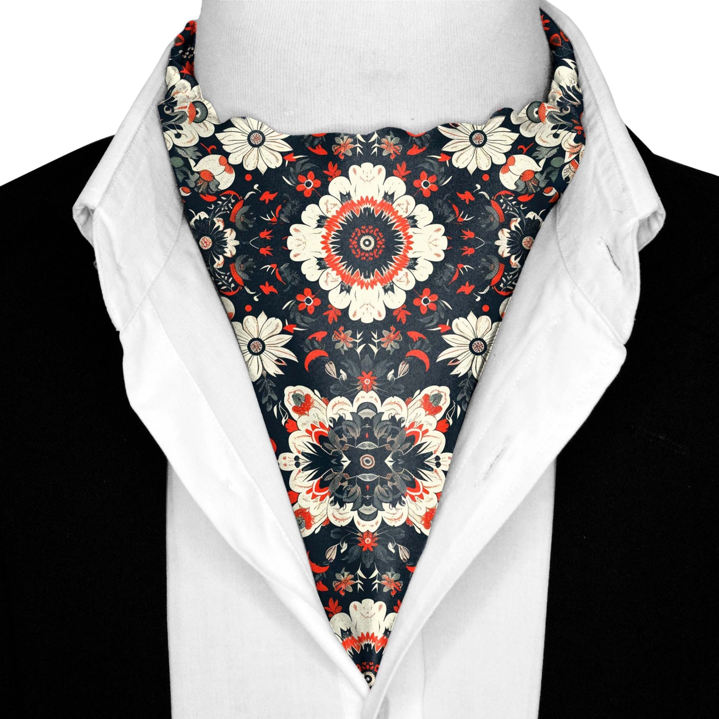 Genuine Silk Black with Red & White Floral Pattern Ascot Cravat