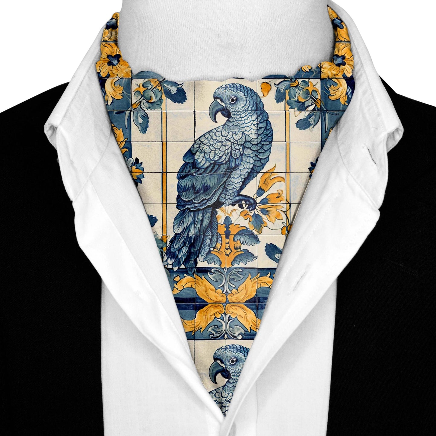 Genuine Silk Blue Parrot Floral Ascot Cravat