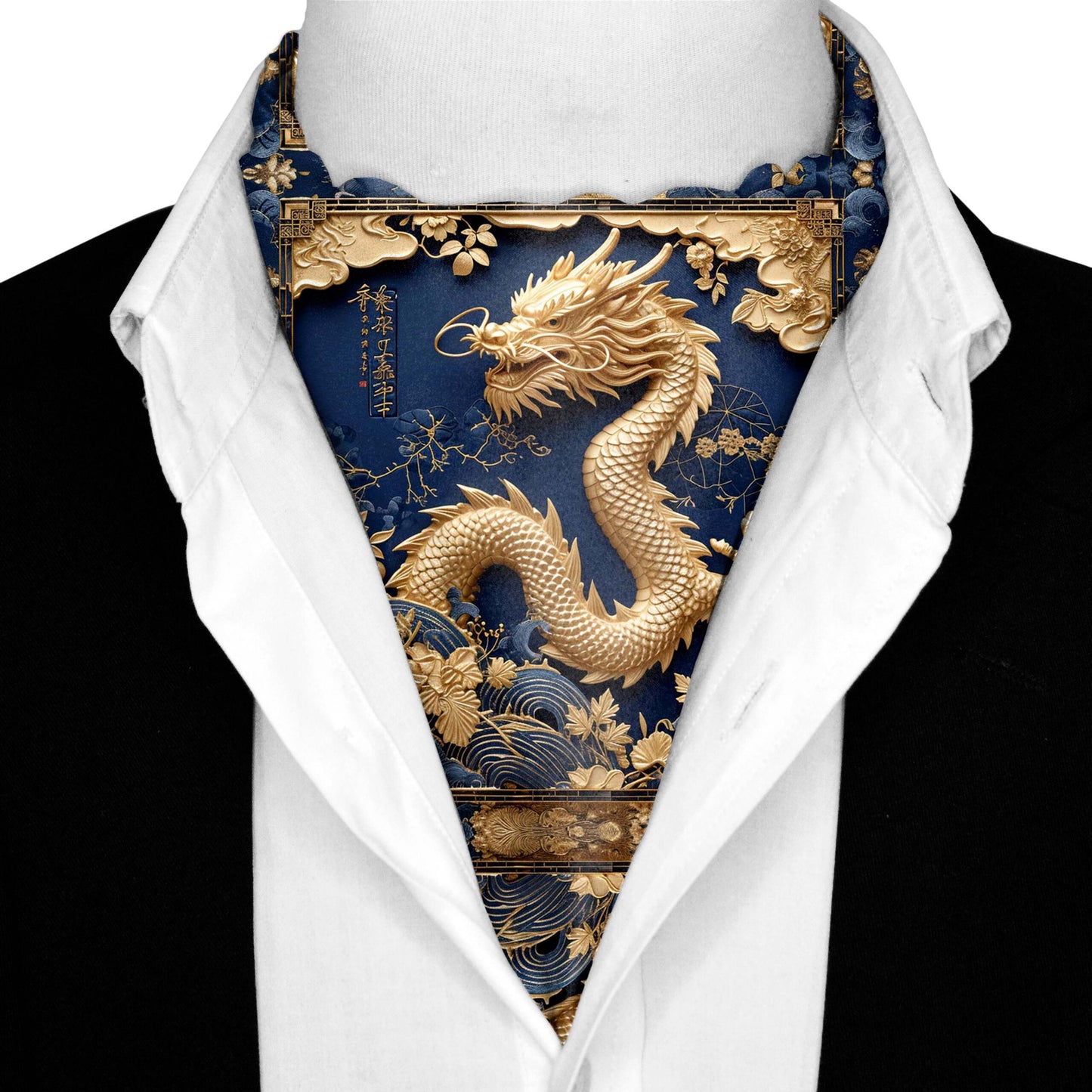 Genuine Silk Blue with Gold Dragons Ascot Cravat