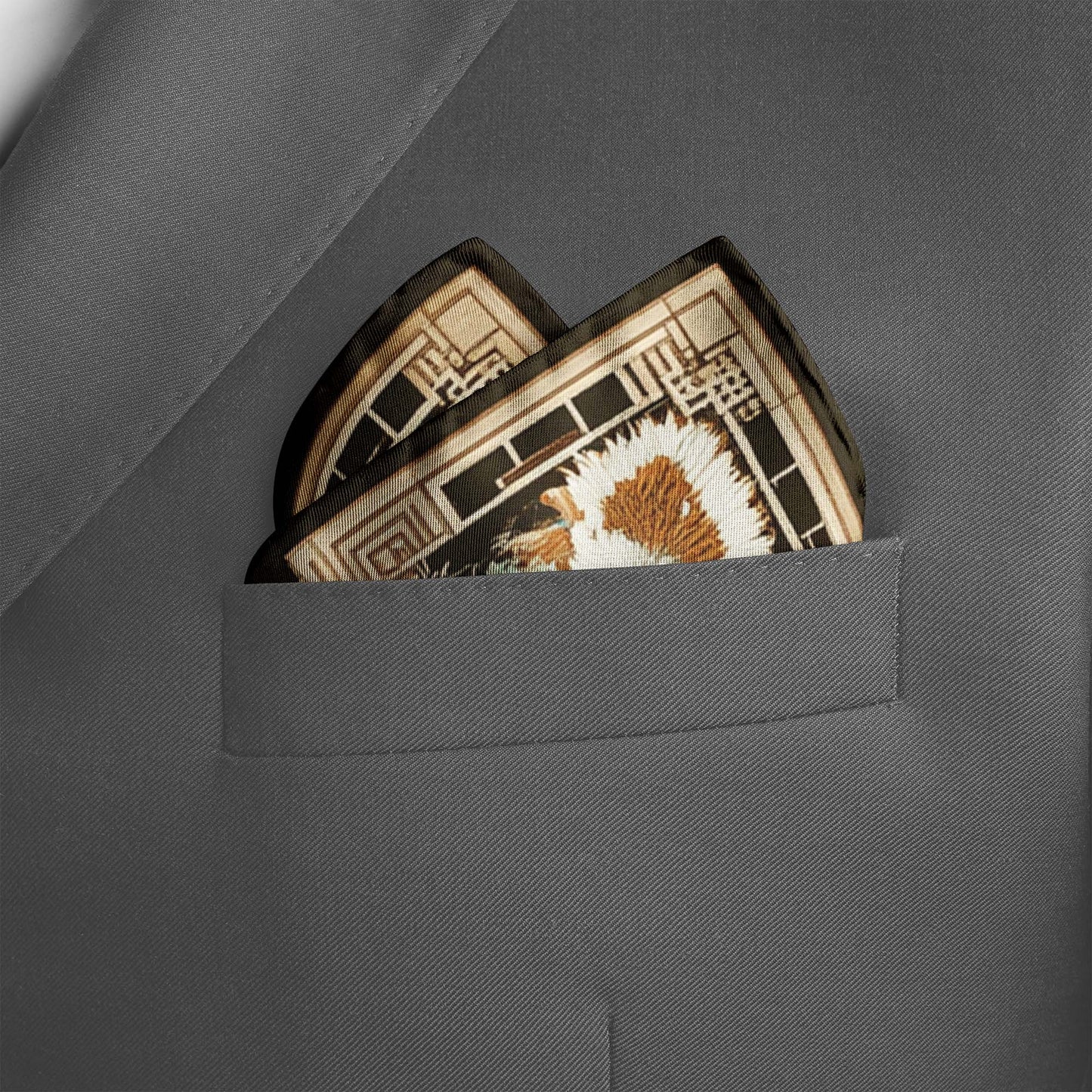 Genuine Silk Emerald Crane and Cloud Tapestry Pocket Square