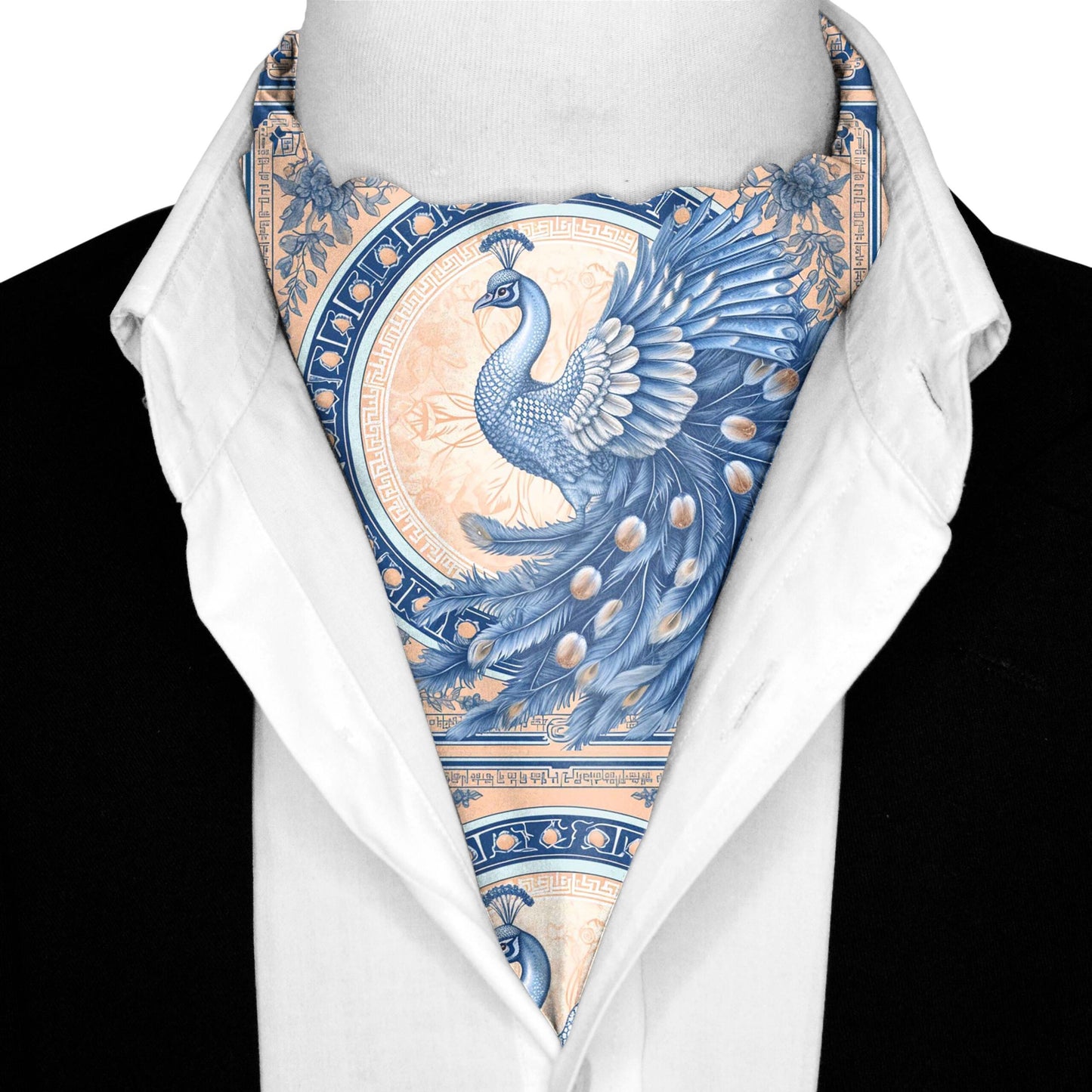 Genuine Silk Coral with Blue Peacocks Ascot Cravat