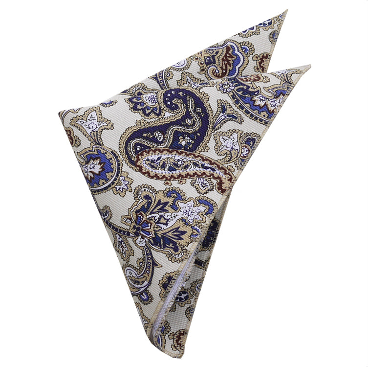 Cremefarbenes Einstecktuch mit blauem Paisley-Blumenmuster