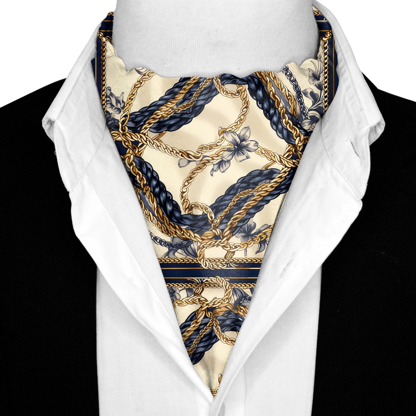 Genuine Silk Cream with Blue & Gold Chains Ascot Cravat