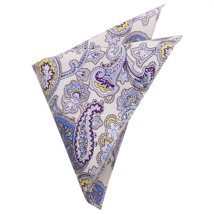 Cremefarbenes Einstecktuch mit violettem Paisley-Blumenmuster