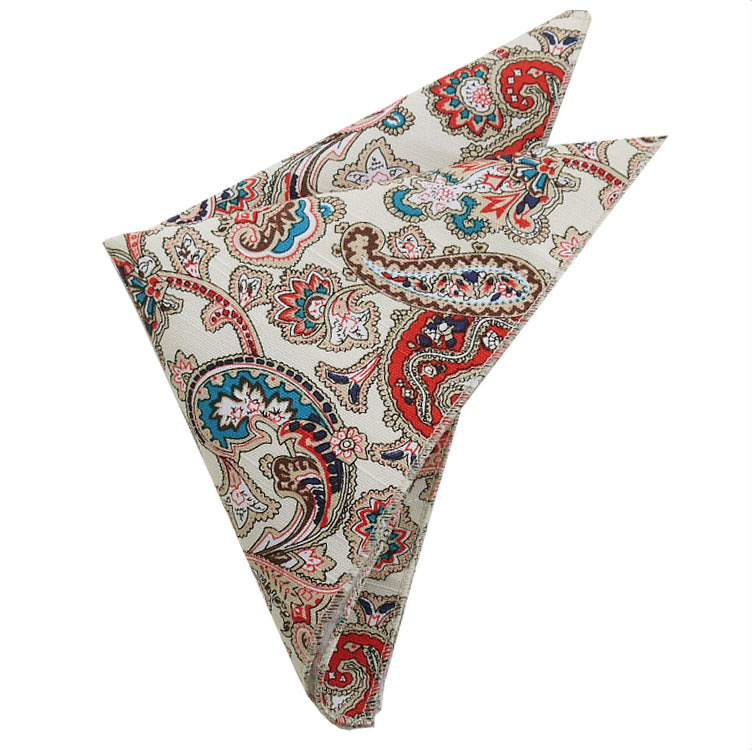 Cremefarbenes Einstecktuch mit rotem Paisley-Blumenmuster