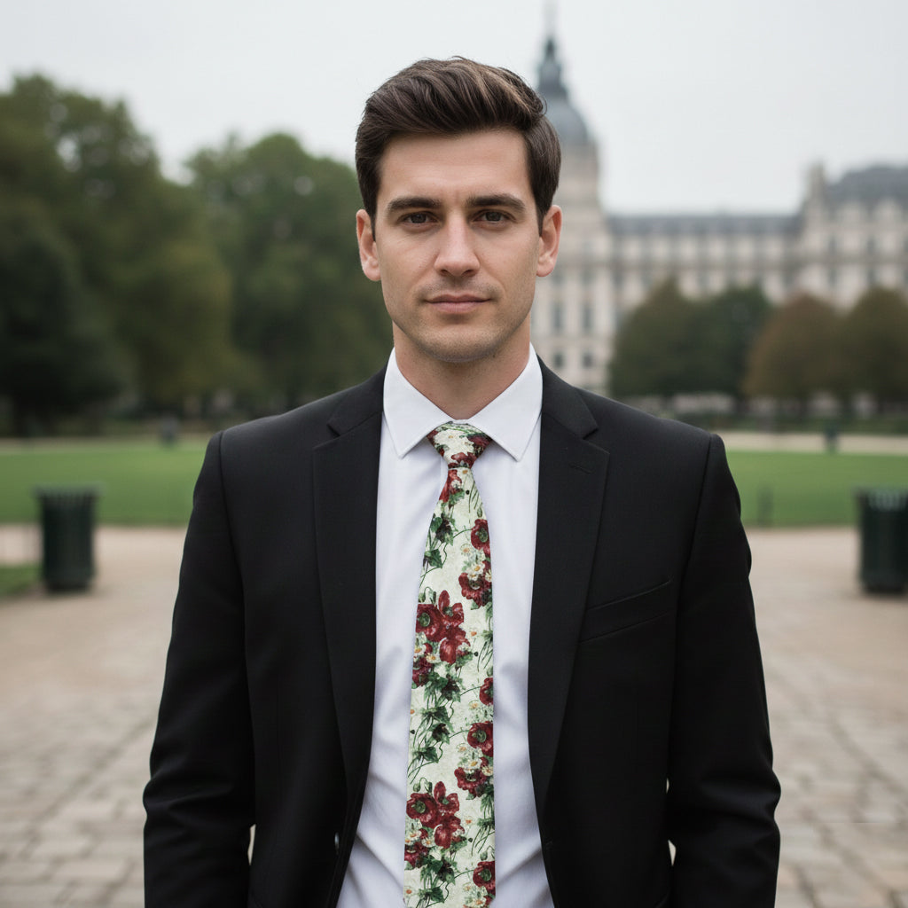 Cream with Red Floral Tie