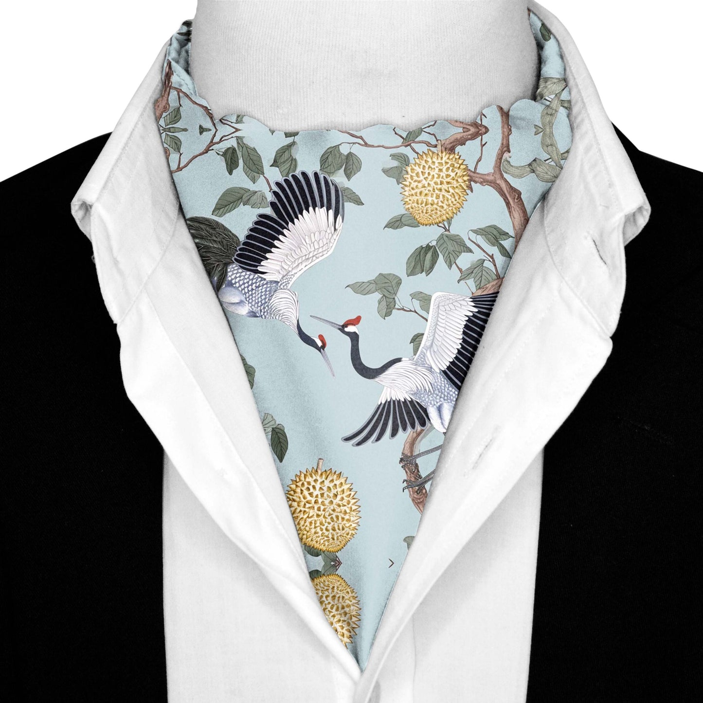 Genuine Silk Dancing Cranes Light Blue Ascot Cravat