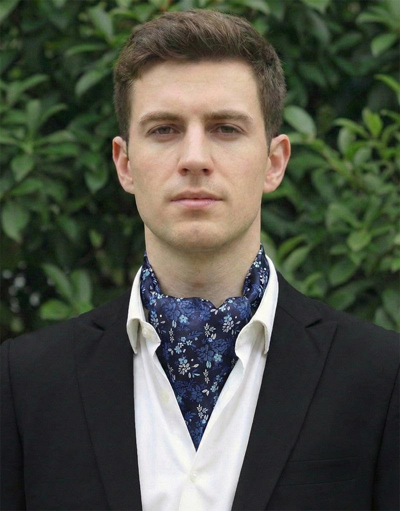 Dark Blue Sky Blue & White Flowers Ascot Cravat