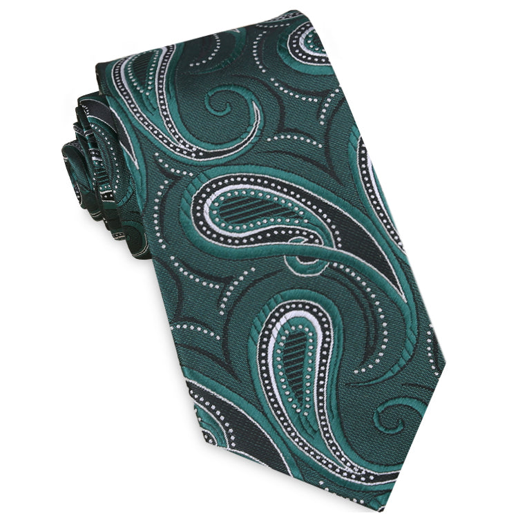 Dark Green, Black & White Paisley Slim Tie
