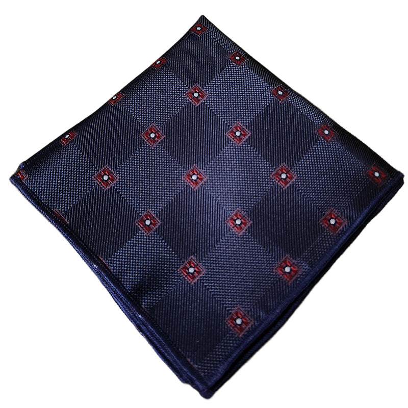 Dark Blue Check with Burgundy & White Dots Pocket Square