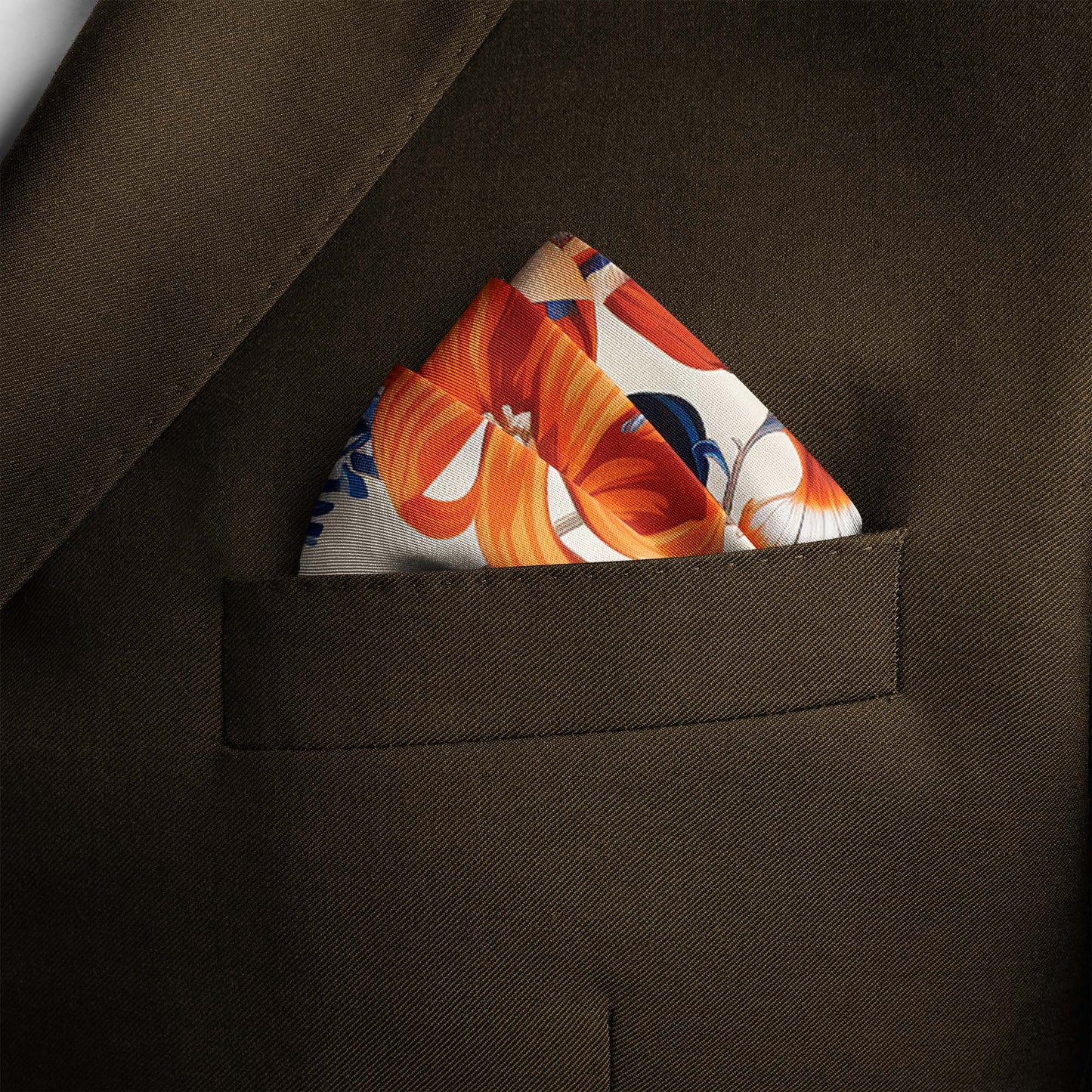 Genuine Silk Amber Bloom and Cerulean Still Life Pocket Square