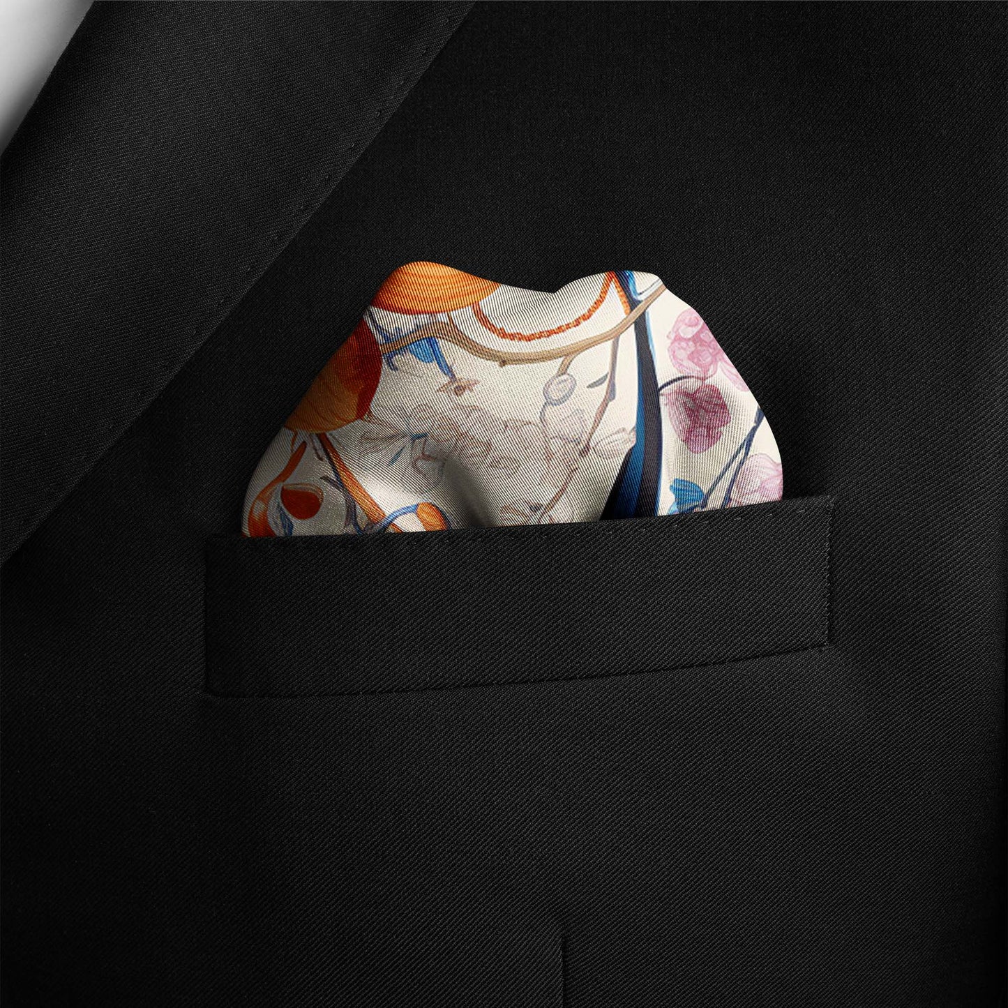 Genuine Silk Amber Bloom and Cerulean Still Life Pocket Square