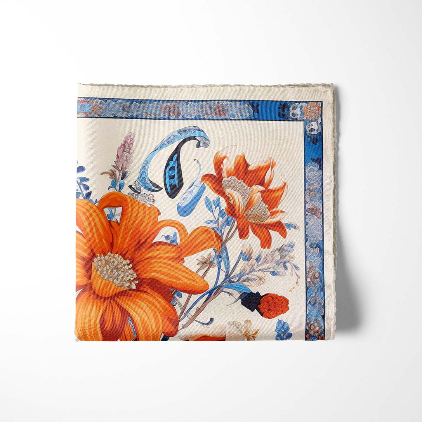 Genuine Silk Amber Bloom and Cerulean Still Life Pocket Square