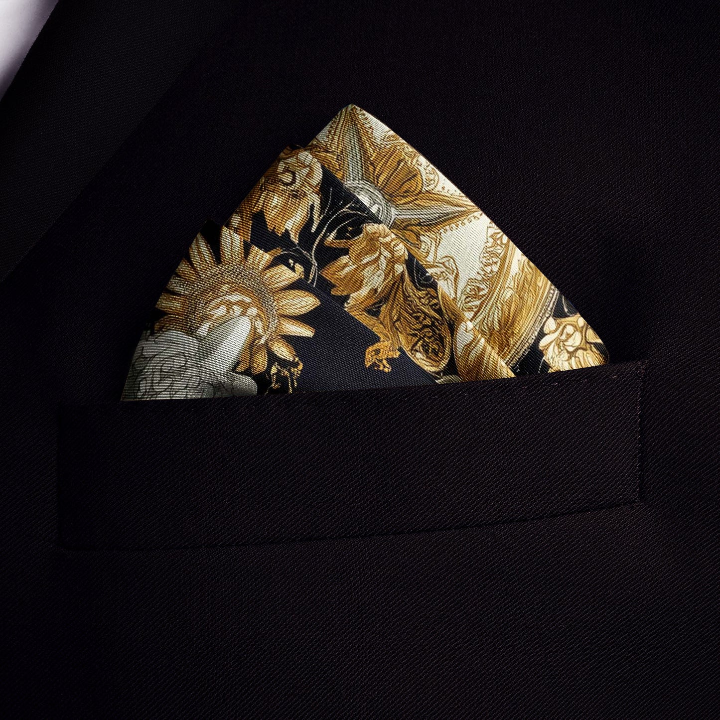 Genuine Silk Black Gold Rococo Dove Compass Pocket Square