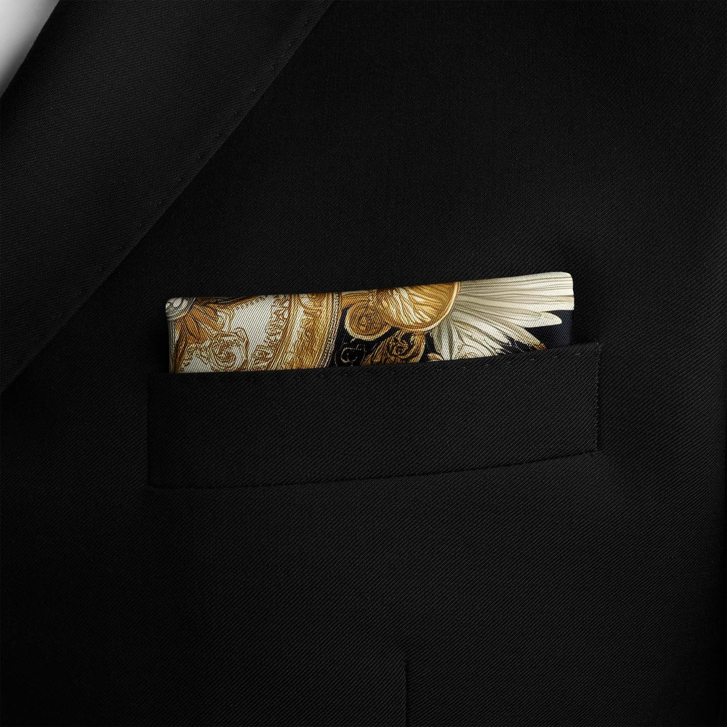 Genuine Silk Black Gold Rococo Dove Compass Pocket Square