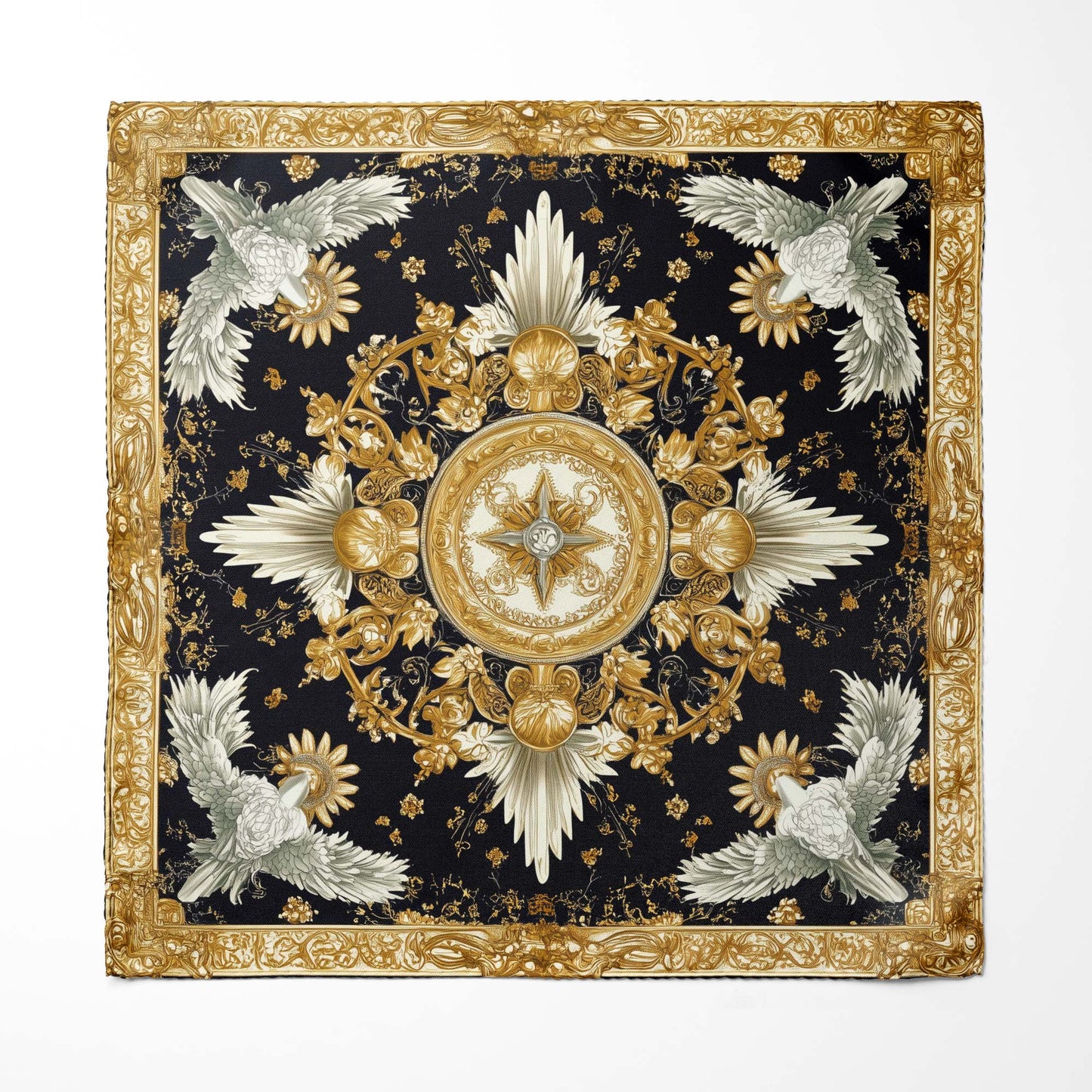 Genuine Silk Black Gold Rococo Dove Compass Pocket Square