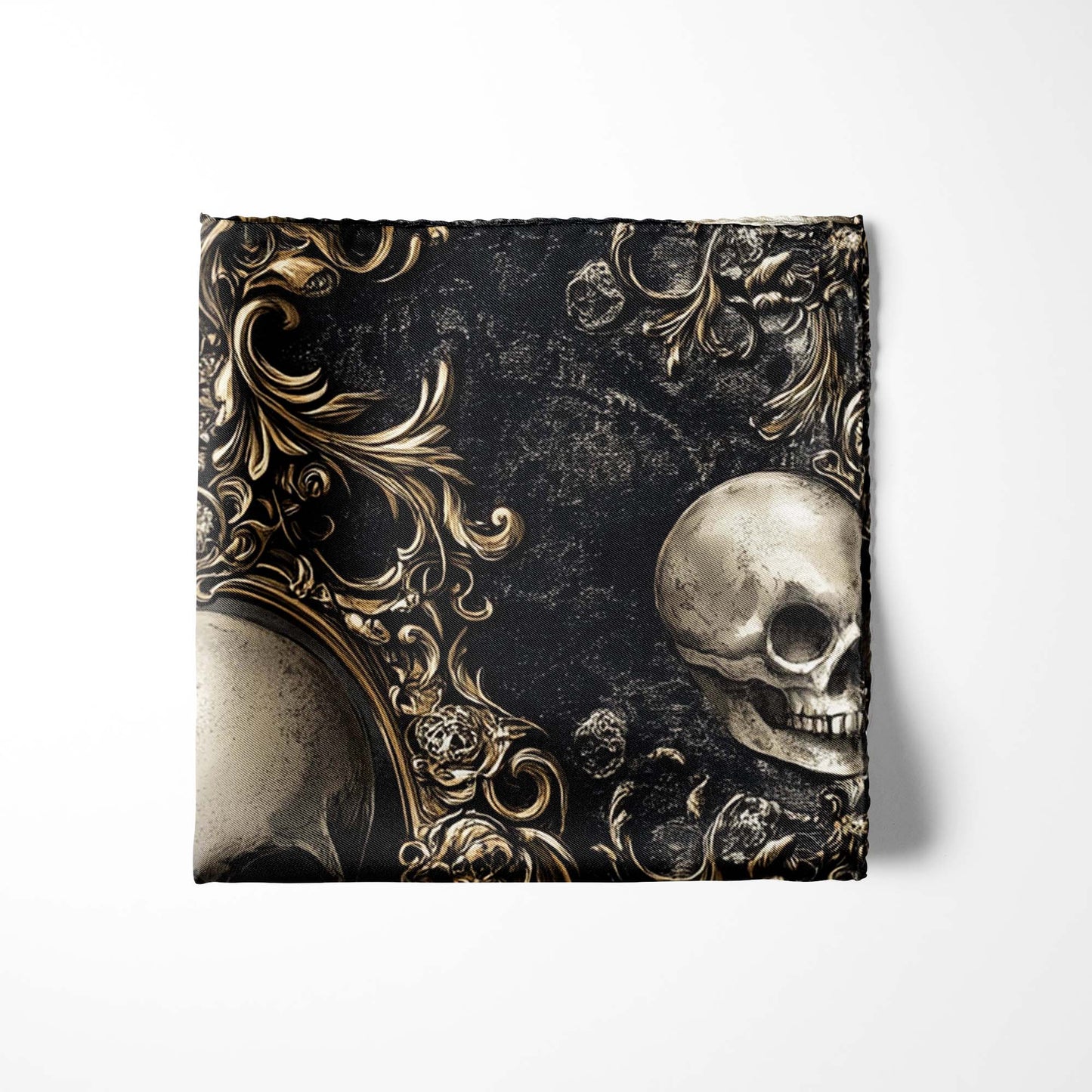 Genuine Silk Black with Skull and Gold Filigree Pocket Square