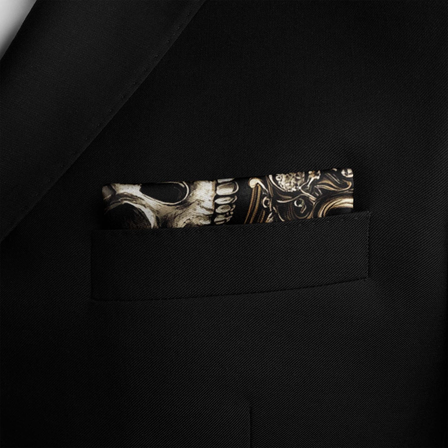 Genuine Silk Black with Skull and Gold Filigree Pocket Square