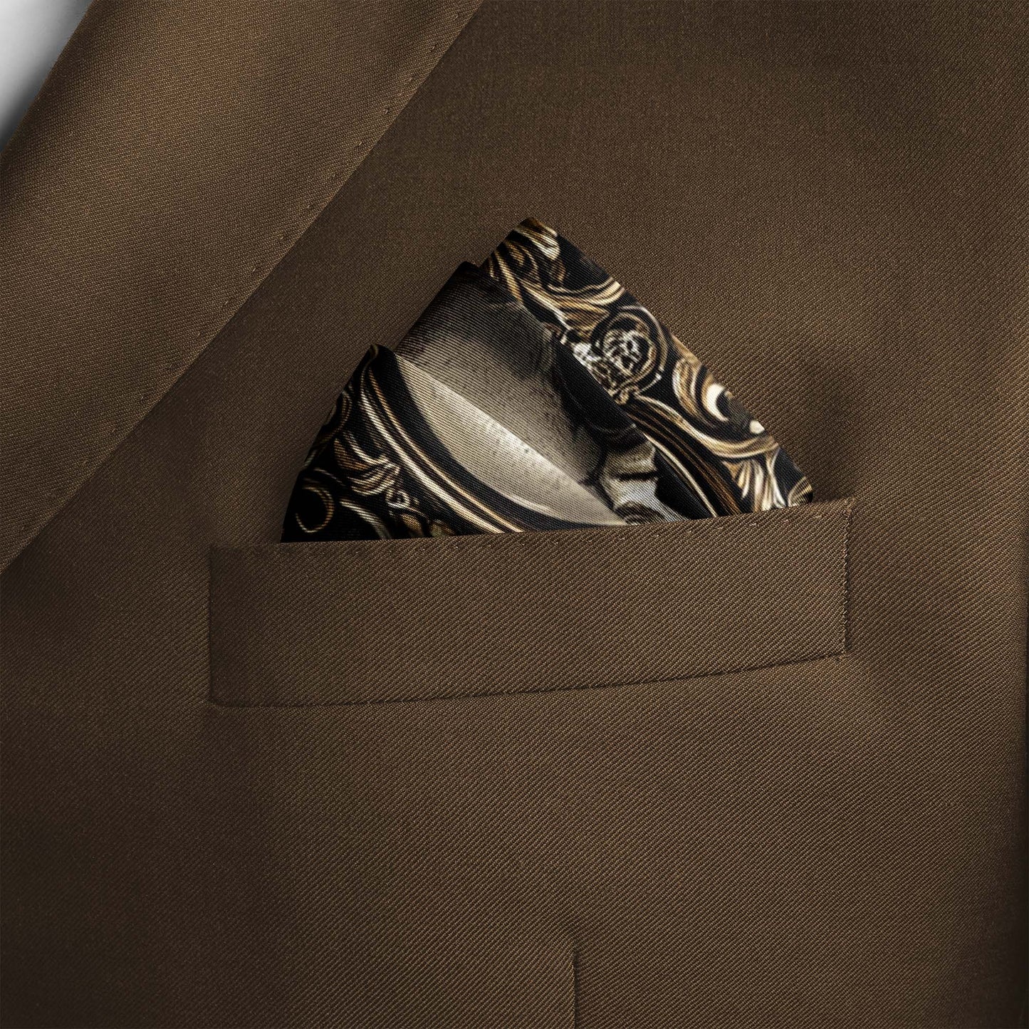 Genuine Silk Black with Skull and Gold Filigree Pocket Square