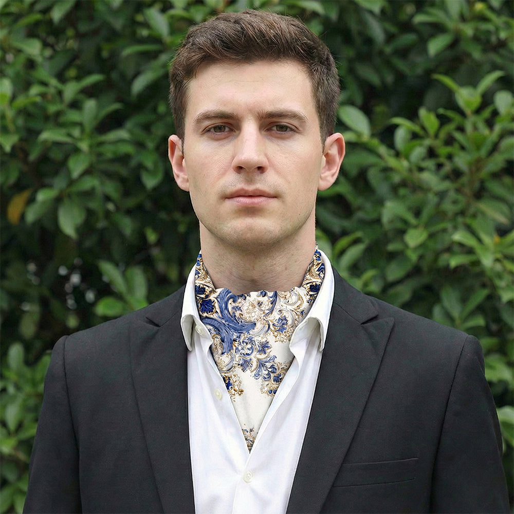 Genuine Silk Blue Rococo Flourish Ascot Cravat