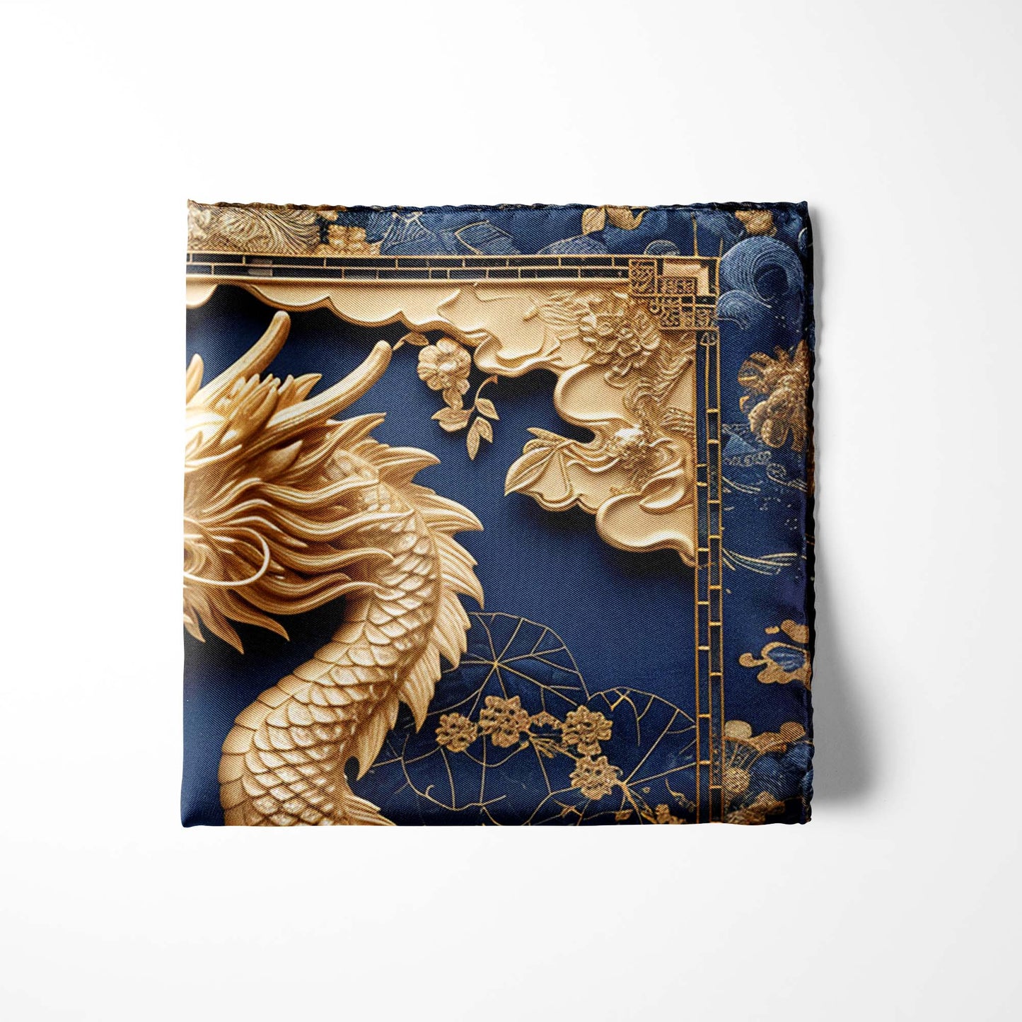 Genuine Silk Blue with Gold Dragons Pocket Square
