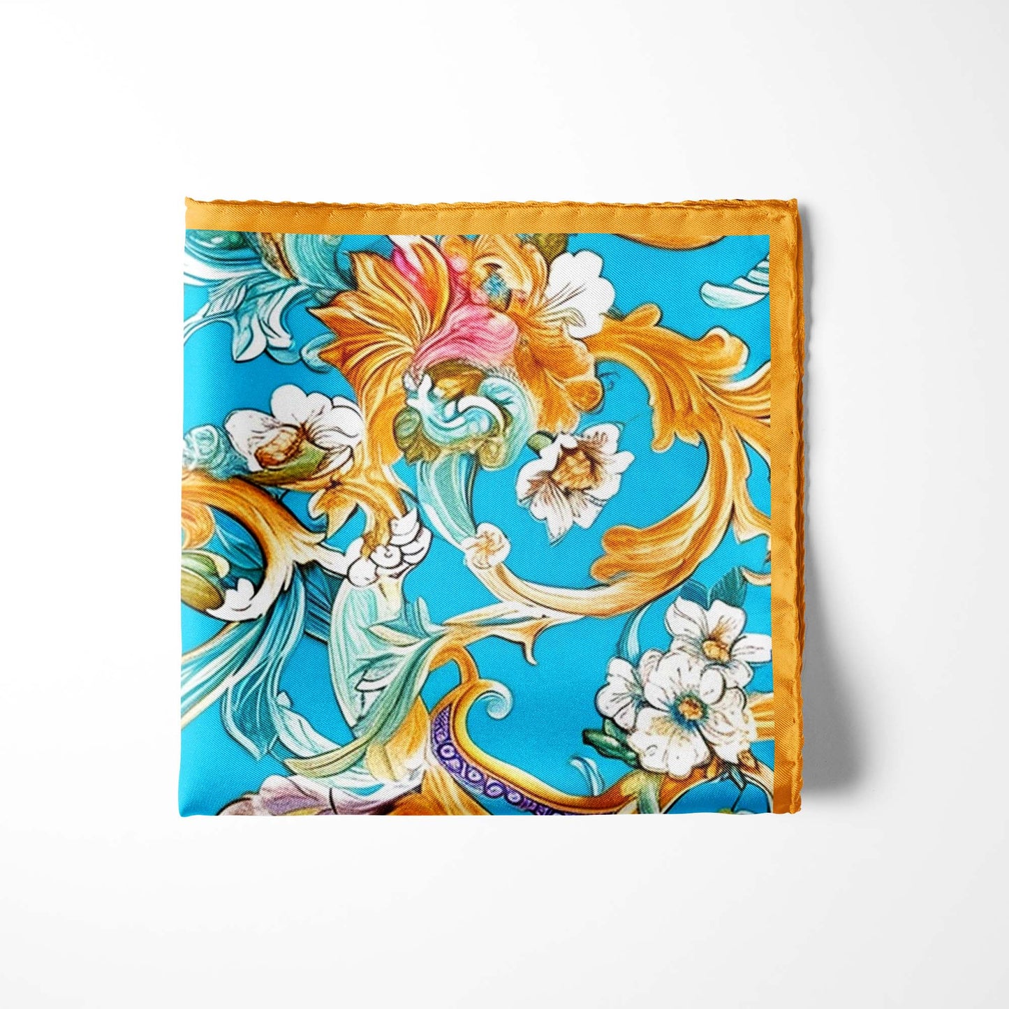 Genuine Silk Bright Blue and Golden Floral Pocket Square