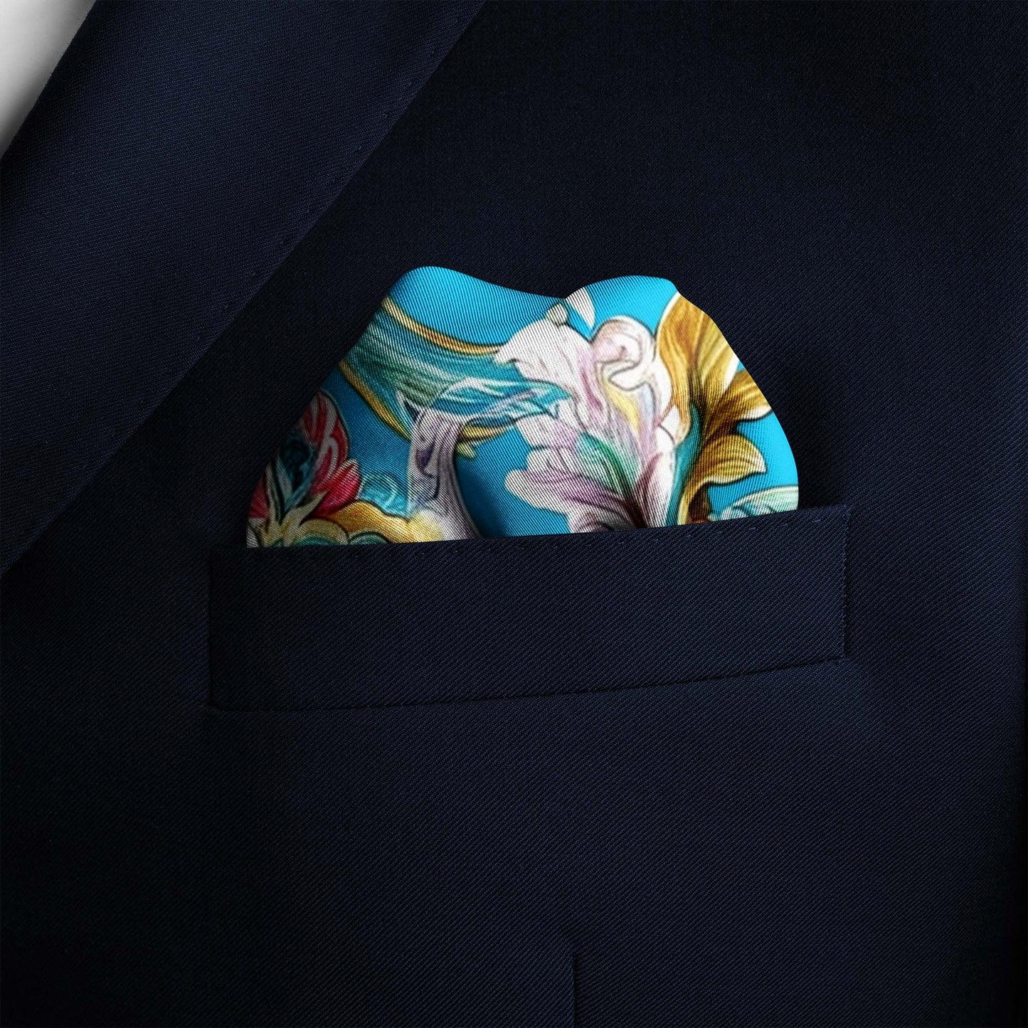 Genuine Silk Bright Blue and Golden Floral Pocket Square