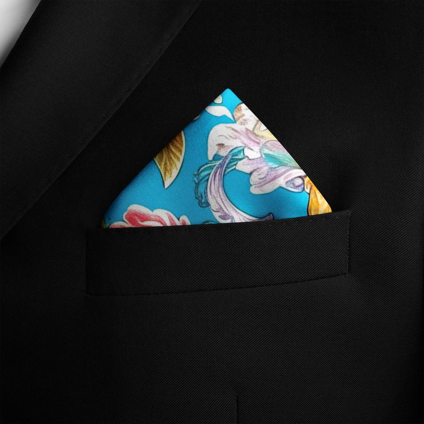 Genuine Silk Bright Blue and Golden Floral Pocket Square