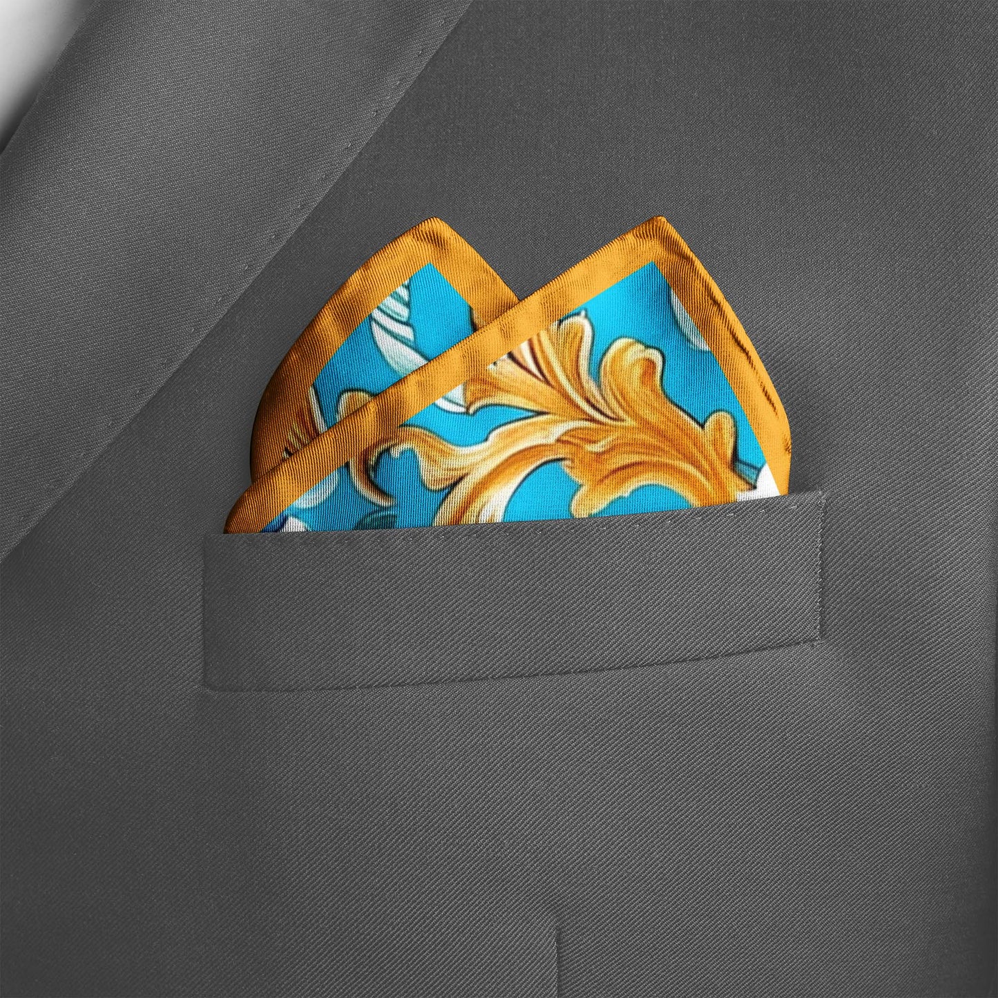 Genuine Silk Bright Blue and Golden Floral Pocket Square