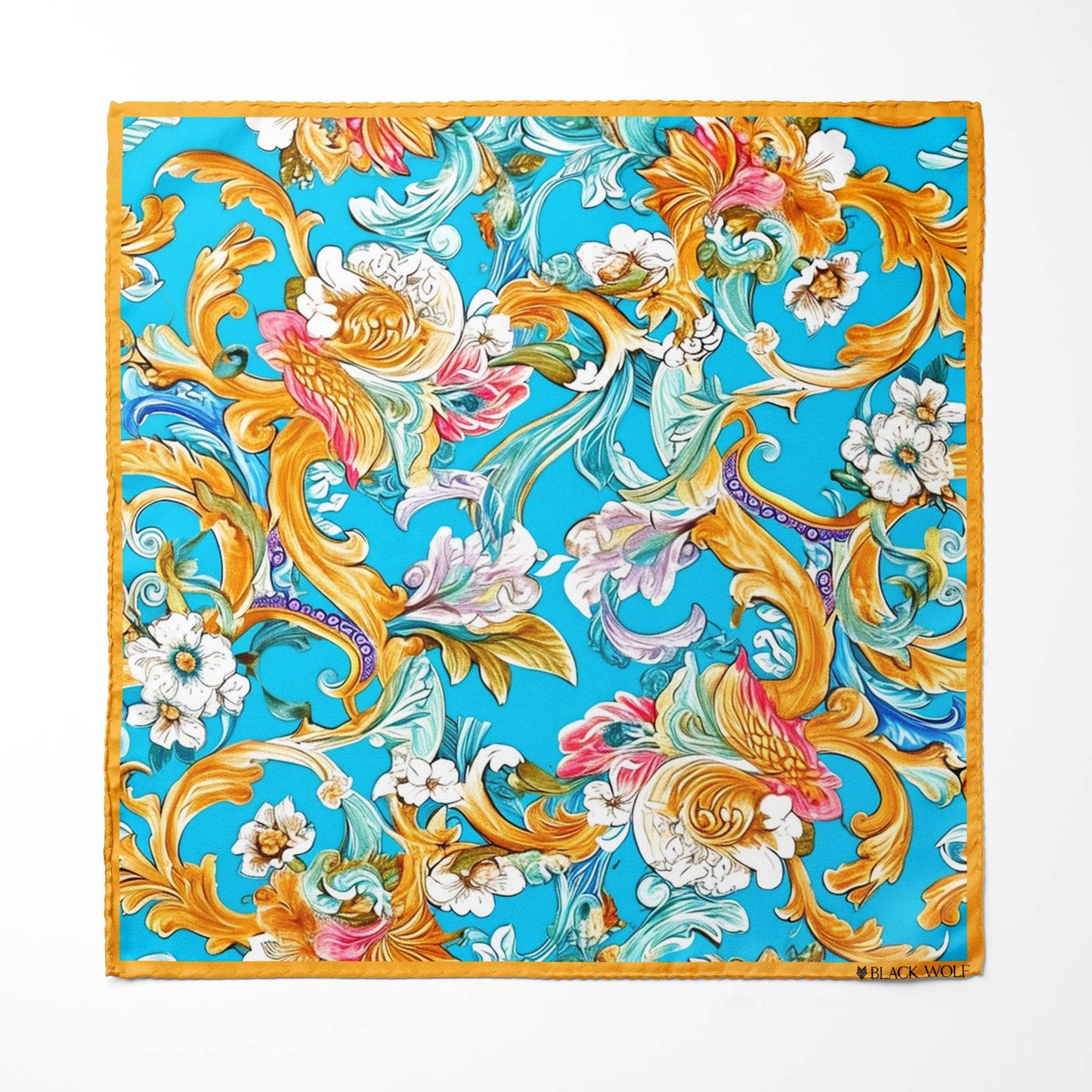Genuine Silk Bright Blue and Golden Floral Pocket Square