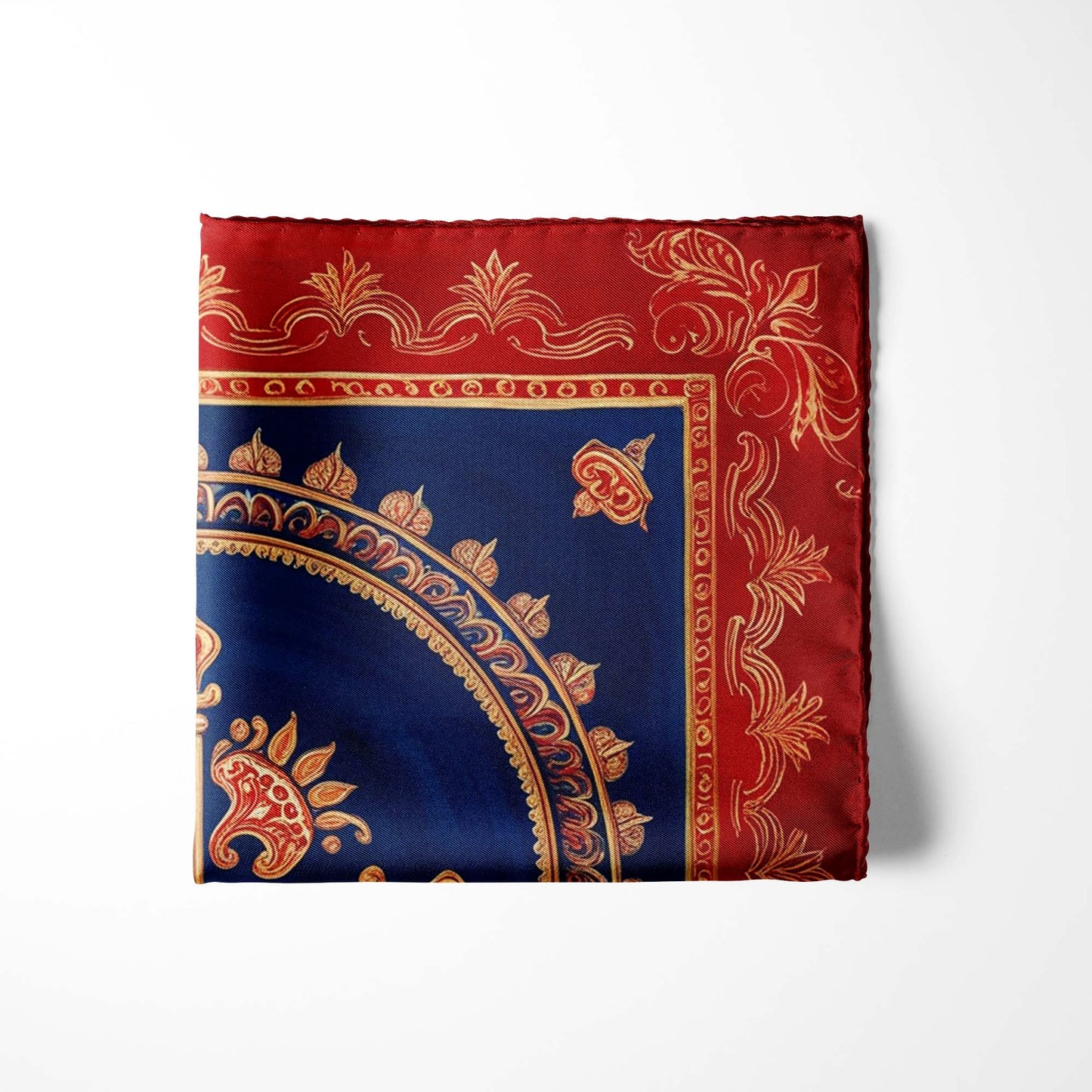 Genuine Silk Crimson Indigo Paisley Mandala Pocket Square