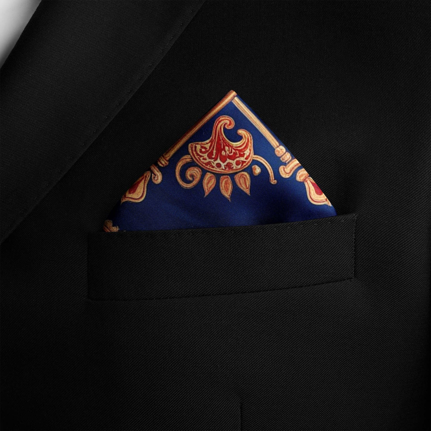 Genuine Silk Crimson Indigo Paisley Mandala Pocket Square