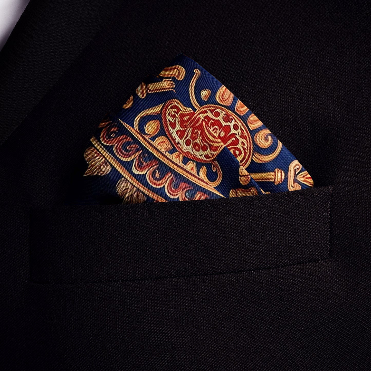 Genuine Silk Crimson Indigo Paisley Mandala Pocket Square