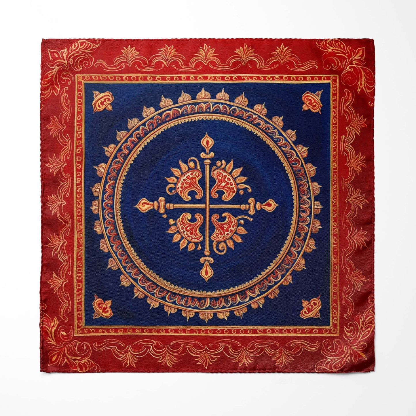 Genuine Silk Crimson Indigo Paisley Mandala Pocket Square
