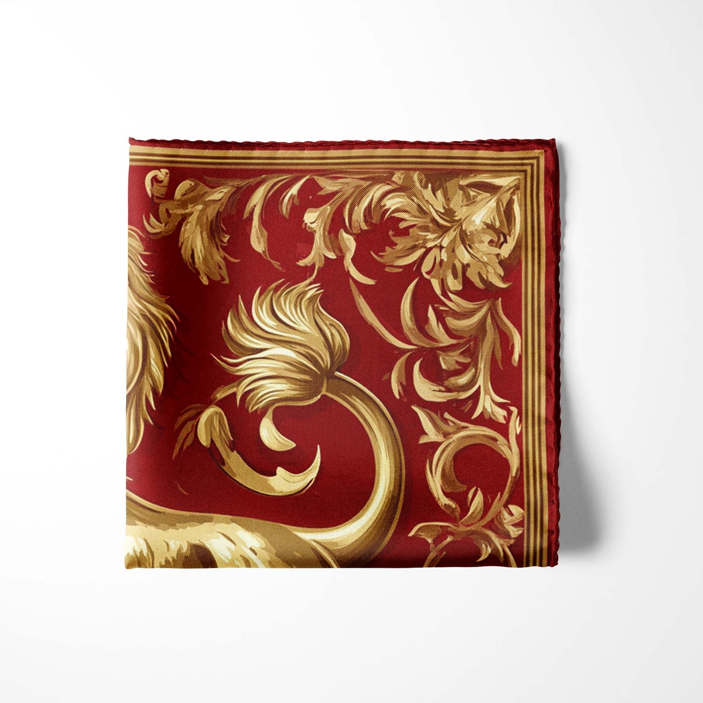 Genuine Silk Crimson and Gold Heraldic Lion Pocket Square