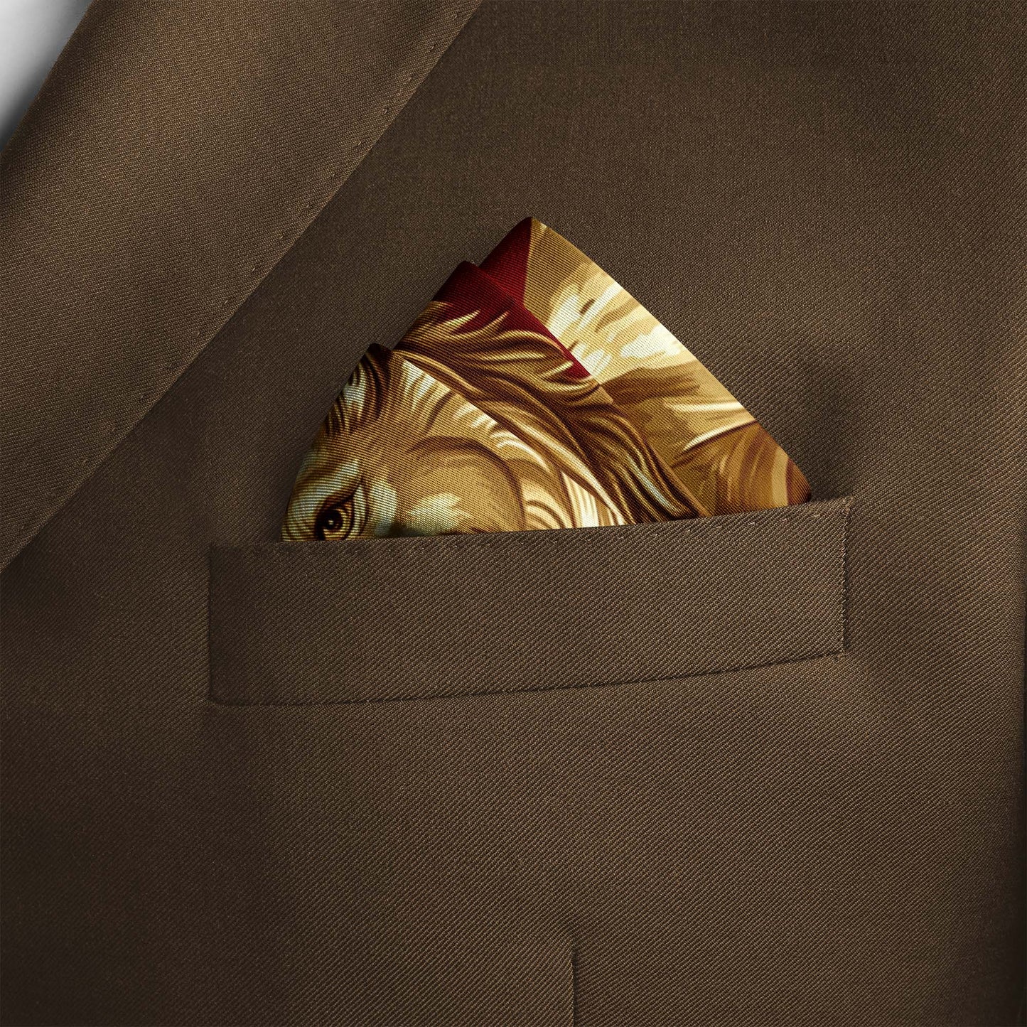 Genuine Silk Crimson and Gold Heraldic Lion Pocket Square