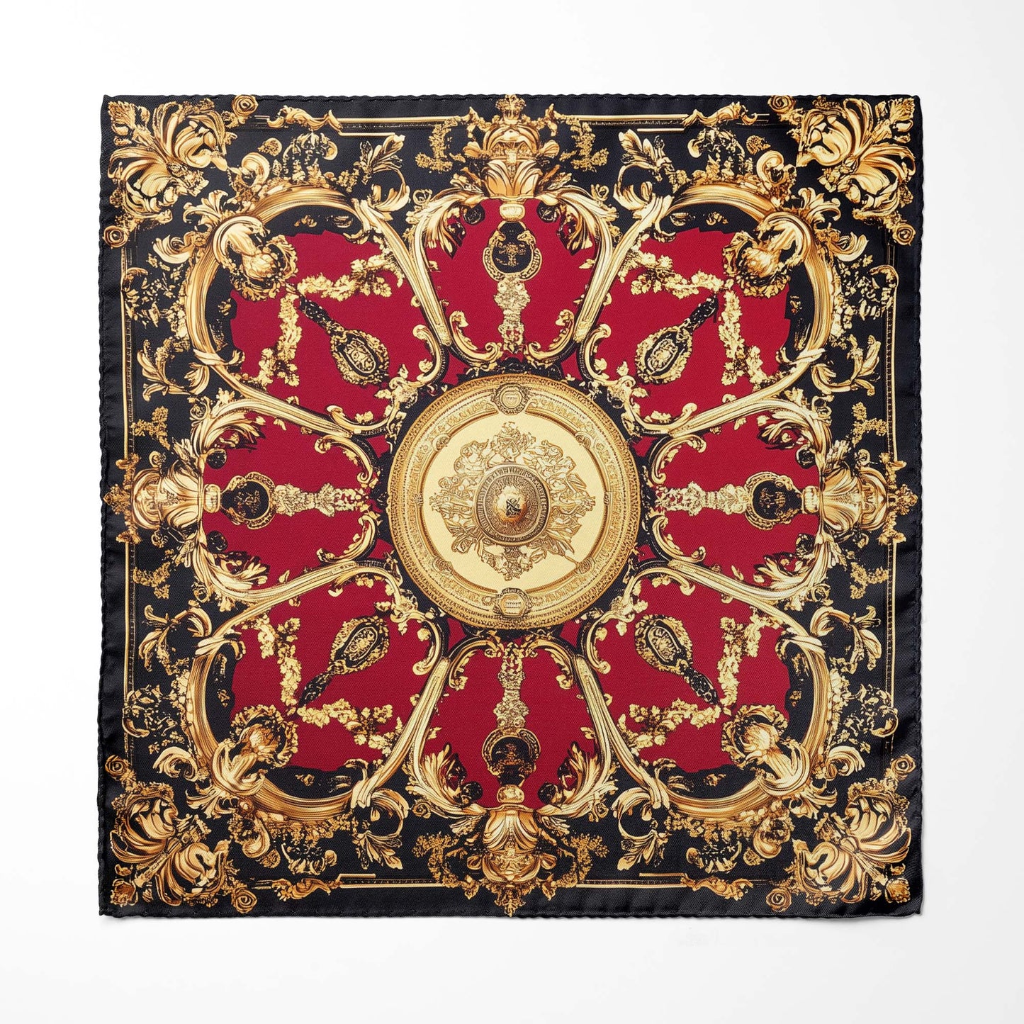 Genuine Silk Crimson and Gold Versailles Medallion Pocket Square