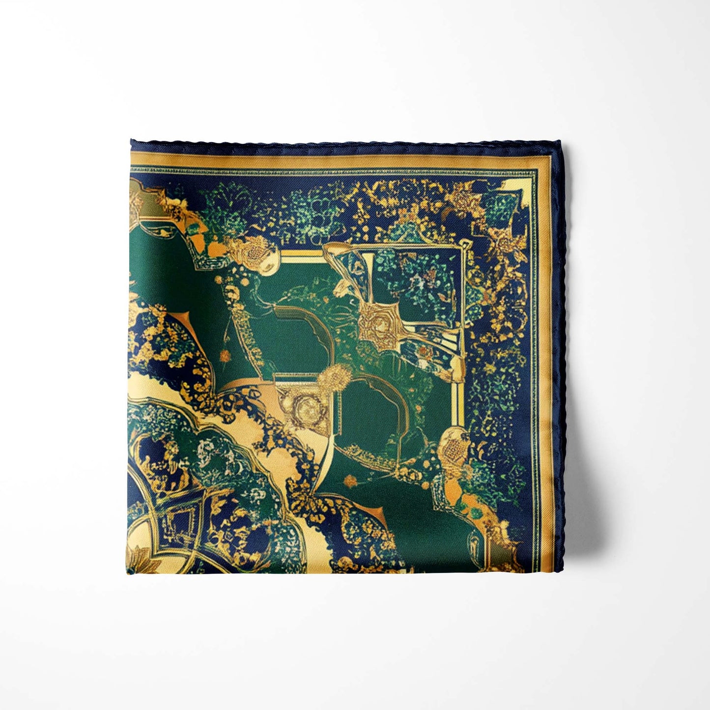 Genuine Silk Emerald Baroque Medallion Regal Pocket Square