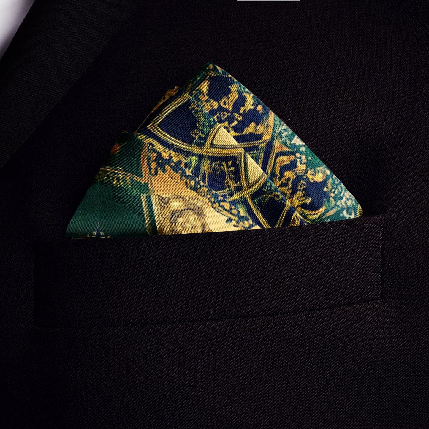 Genuine Silk Emerald Baroque Medallion Regal Pocket Square