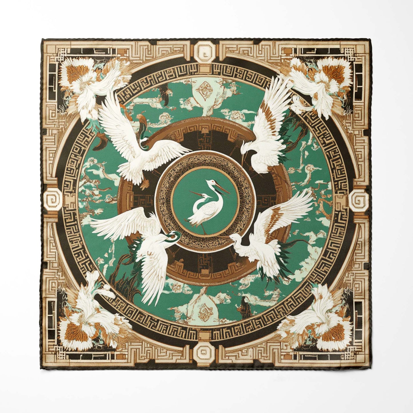 Genuine Silk Emerald Crane and Cloud Tapestry Pocket Square