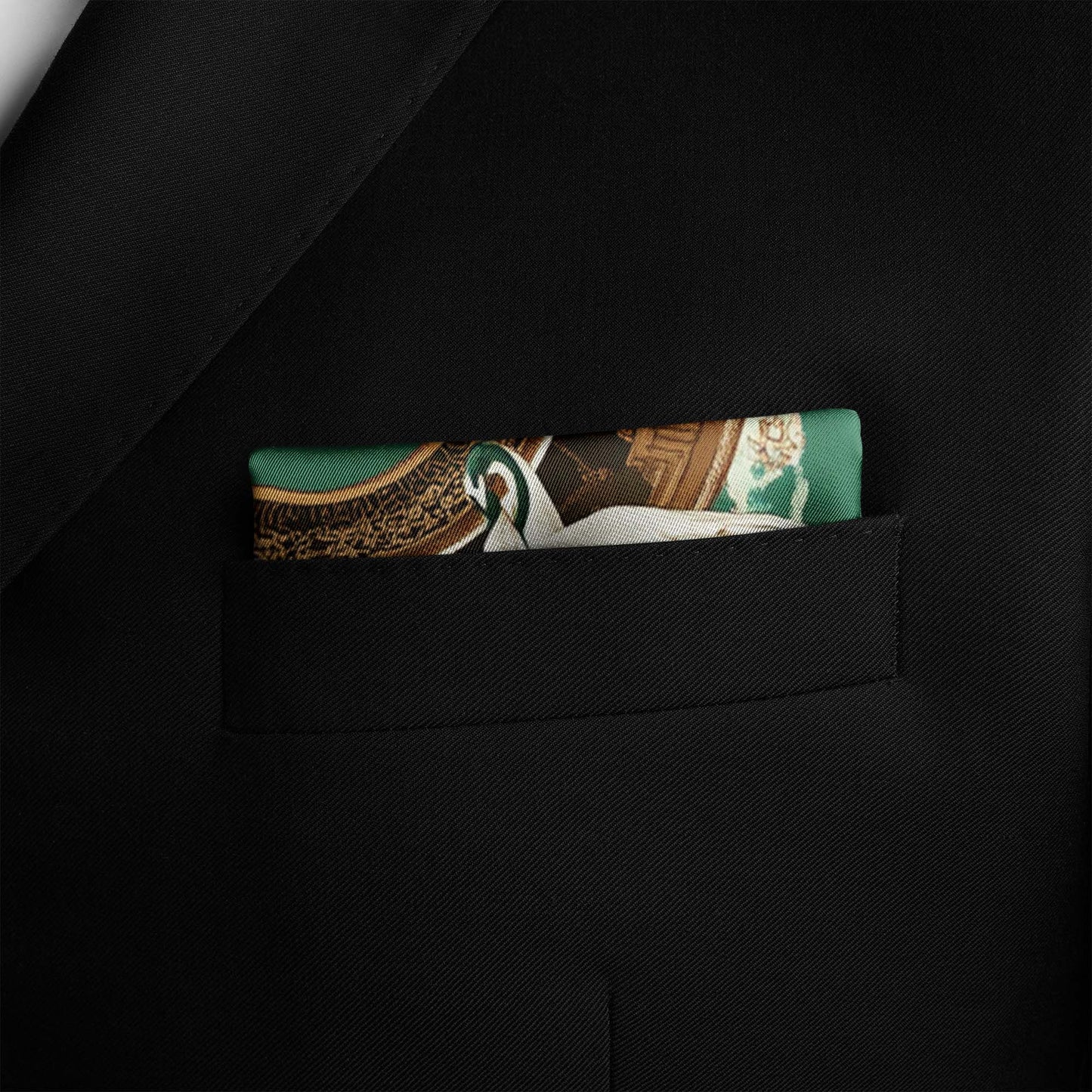 Genuine Silk Emerald Crane and Cloud Tapestry Pocket Square