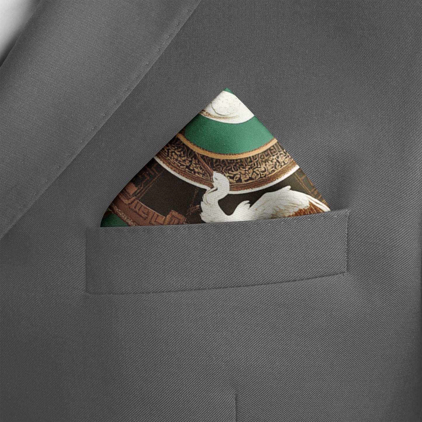 Genuine Silk Emerald Crane and Cloud Tapestry Pocket Square