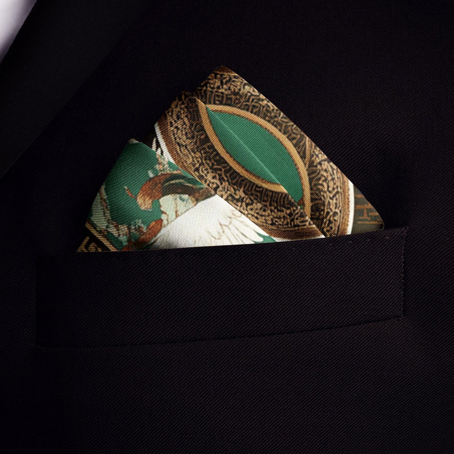 Genuine Silk Emerald Crane and Cloud Tapestry Pocket Square