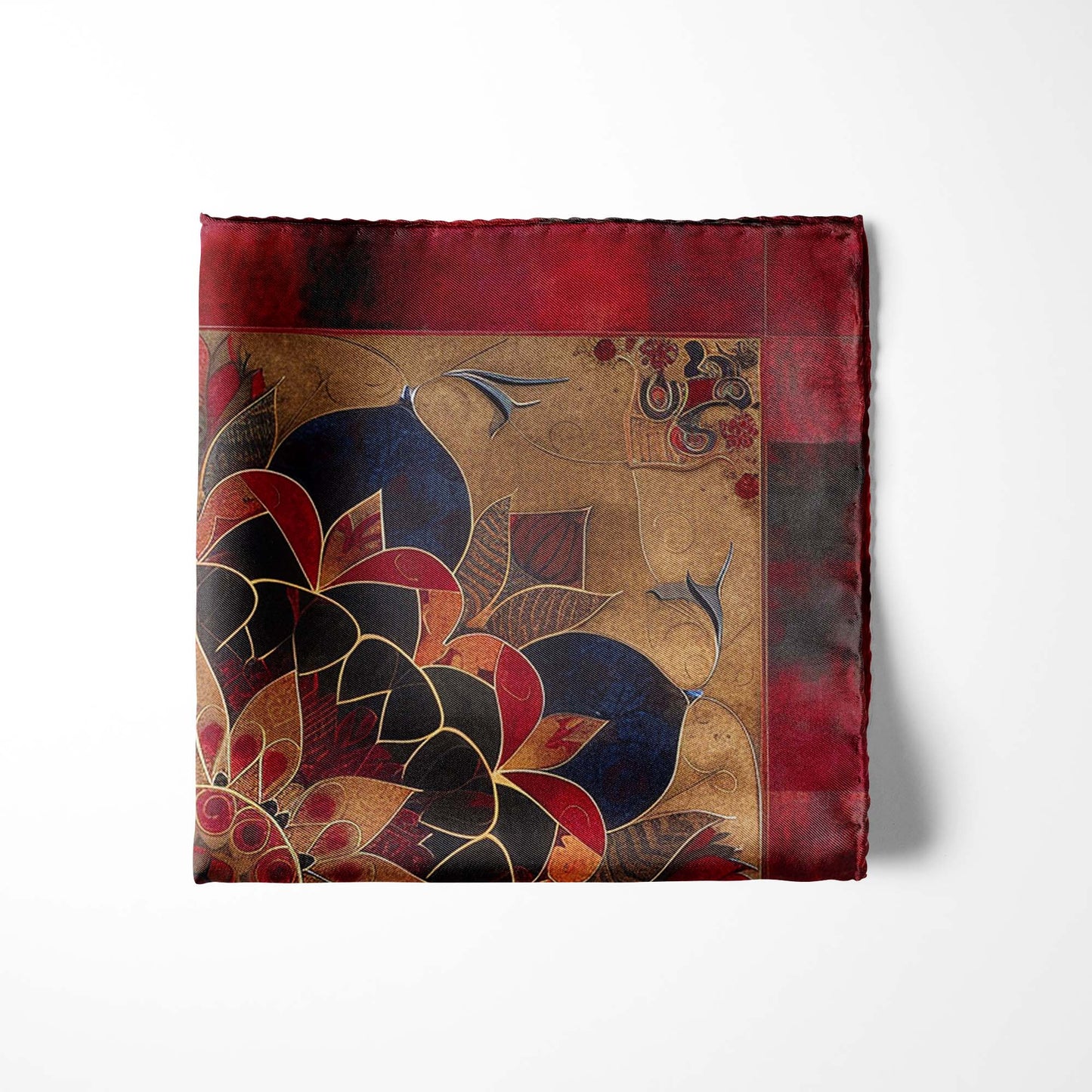 Genuine Silk Garnet Mandala and Royal Lotus Pocket Square