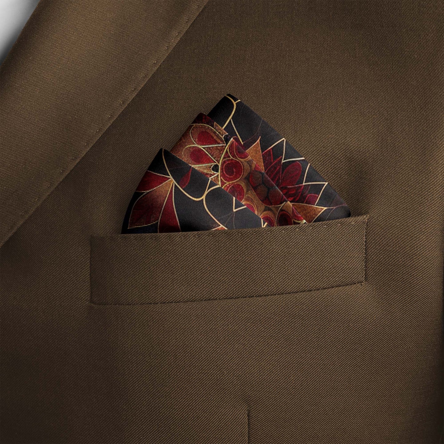 Genuine Silk Garnet Mandala and Royal Lotus Pocket Square