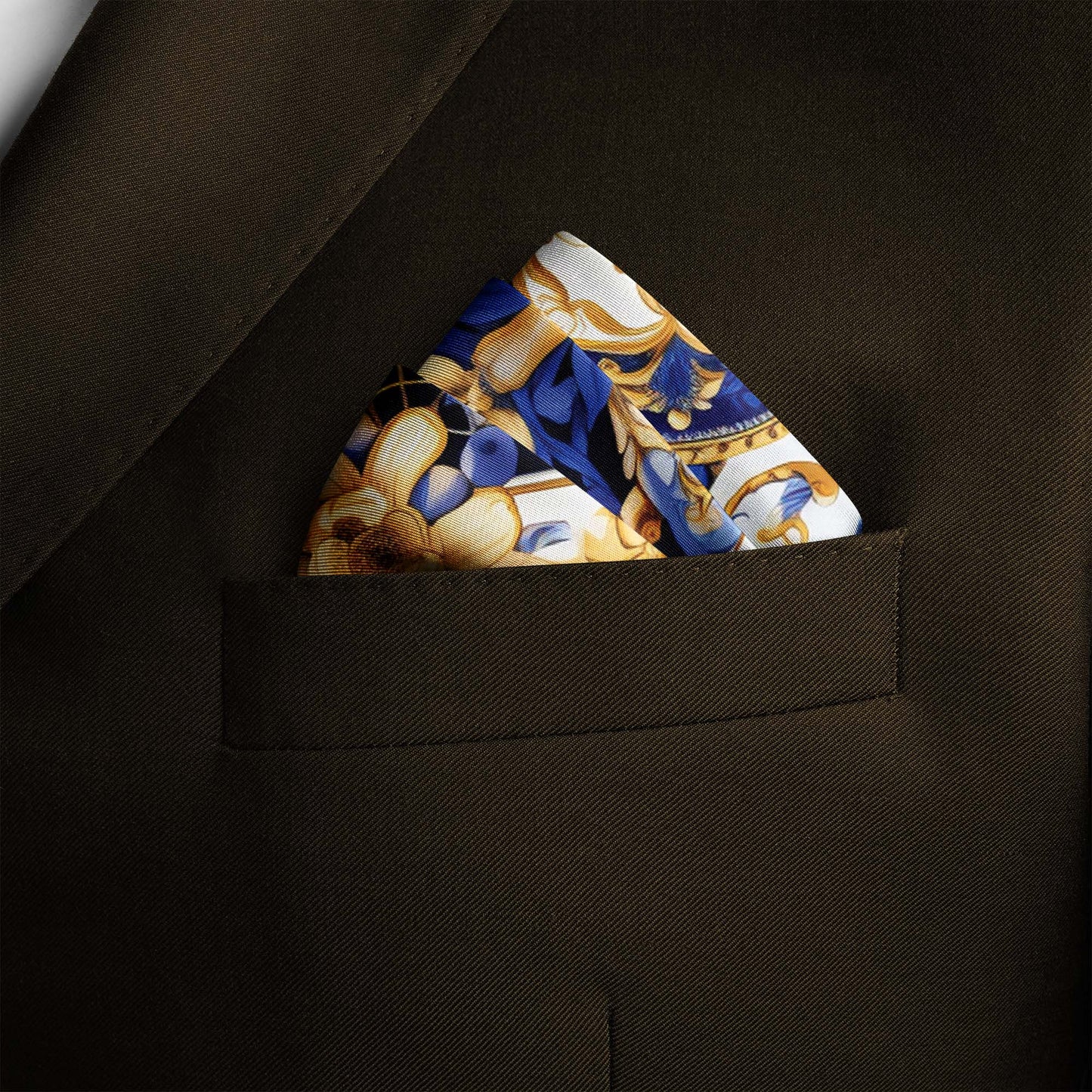 Genuine Silk Gold Baroque and Sapphire Bloom Pocket Square